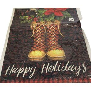 Poinsettia Christmas Garden Flag Holiday Party Banner Plaid Winter Boots Decor
